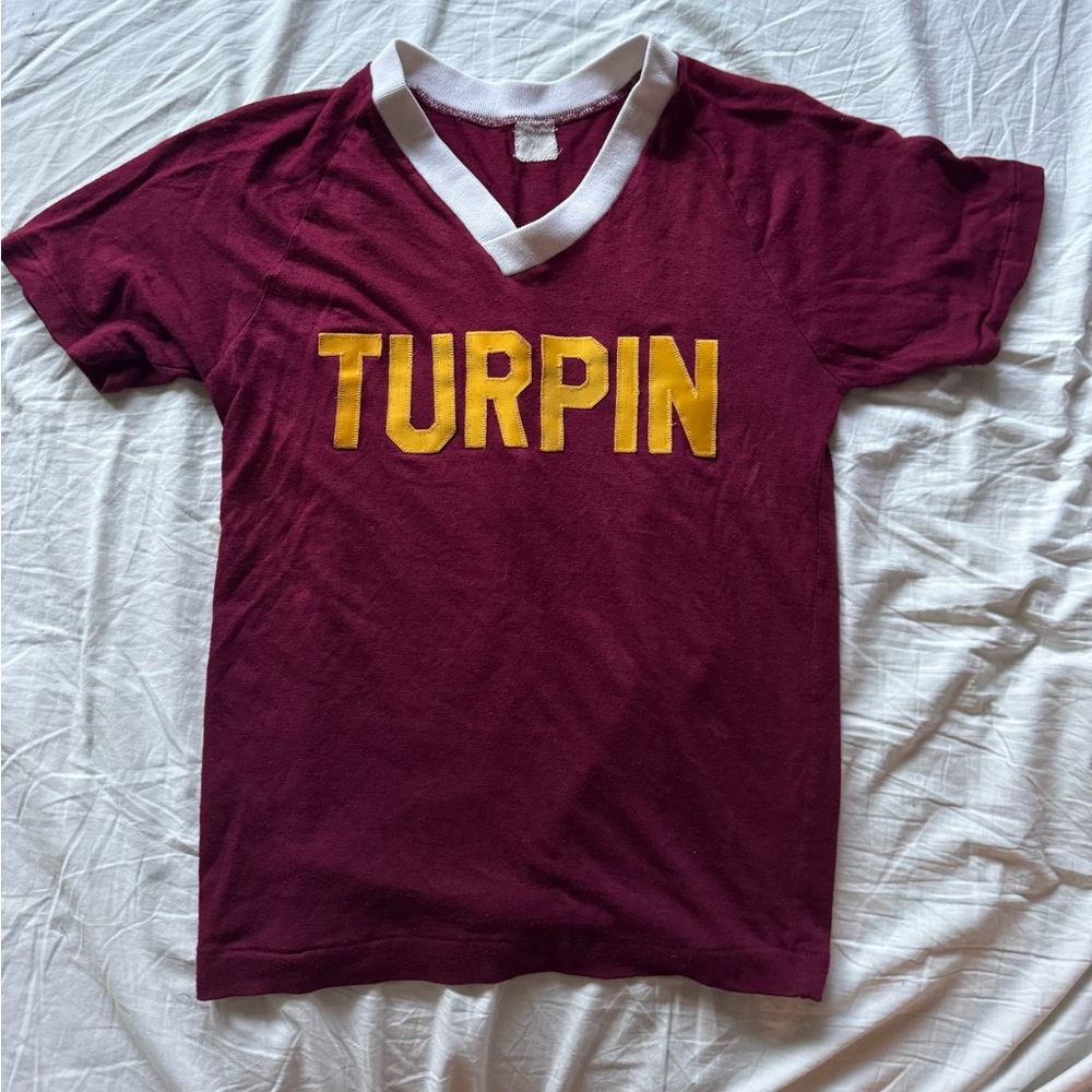 Burgundy 'Turpin' V-Neck Tee with Yellow Lettering #vintage #vintagetee #jersey